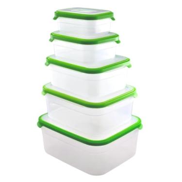 Imagem de Kit 5 Potes Plasticos Retangular de 500 ml a 5 litros Armerzenamento Alimentos Graos Resistente Pode ir no Freezer e Microondas Potes Quadrados de Varios Tamanhos Empilhavel (Verde)