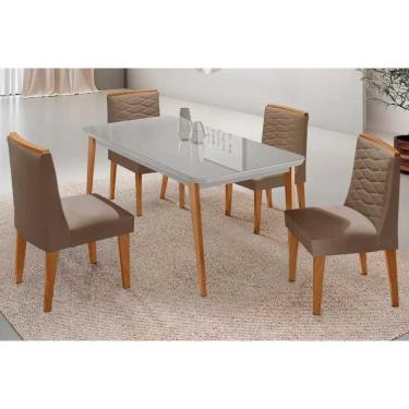 Imagem de Conjunto Sala de Jantar Havana c/ Tampo Madeirado c/ Vidro Canto Curvo 120x80cm e 4 Cadeiras Maldivas Madeira Maciça Naturale/Off White - Capuccino/Su