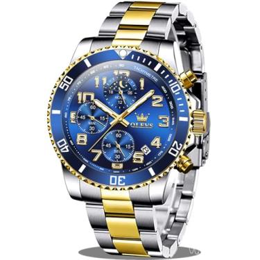 Imagem de OLEVS Relógios masculinos de aço inoxidável, à prova d'água, analógicos, quartzo, modernos, negócios, relógios de pulso para homens.., G2926 - prata, ouro, azul, round, Relógio executivo