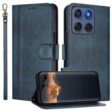 Imagem de JanCalm Capa carteira para Moto G Stylus 2025, compartimentos para dinheiro, alça de pulso, capa de design minimalista, proteção de couro PU premium, capas com suporte flip (azul)