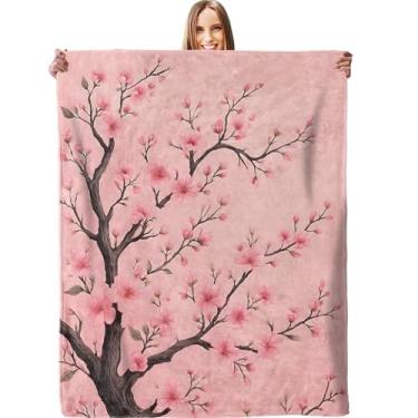 Imagem de Cobertor elegante de flor de cerejeira, macio e macio de flanela aconchegante, 152 × 127 cm, com estampa de ramo de árvore floral rosa para sofá, viagem, cama, ao ar livre, presentes para mulheres