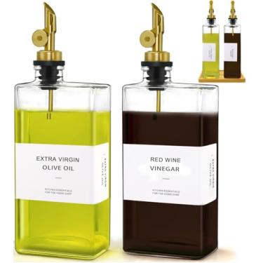 Imagem de Gelury Garrafa dispensadora de azeite de oliva para cozinha com bandeja de bambu - Conjunto de dispensador de óleo de vidro e vinagre de 500 ml, galheteiro de azeite de oliva com bloqueio de UV
