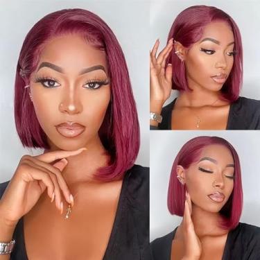 Imagem de Yijimei Peruca Bob Cabelo Humano 99j Borgonha Lace Front Wigs 13x4 HD Transpaent Lace Glueless Perucas Pré Arrancadas com Cabelo de Bebê Densidade 180 12A Peruca Bob Curta Lisa para Mulheres (99J 13x4