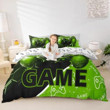 Imagem de Conjunto de capa de edredom tamanho casal para consoles de jogos, gamepad, jogos, esportes, gamer, reversível, com 2 fronhas, verde neon hexágono, grade geométrica, respirável, conjunto de cama (não