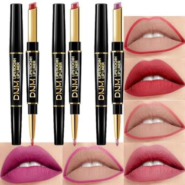 Imagem de BINGBRUSH Conjunto de 3 peças de delineador labial e batom fosco vermelho claro roxo claro para mulheres, lipliner 24 horas original à prova d'água conjunto de lápis para manchas labiais de longa