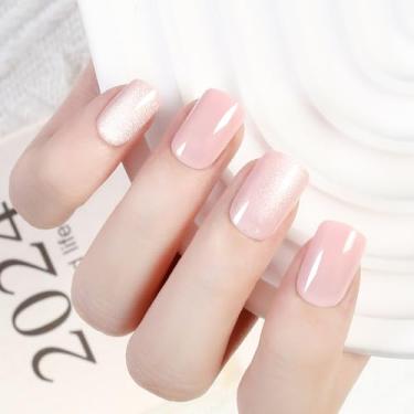Imagem de Unhas postiças secas Hnad – Unhas postiças quadradas curtas com glitter semitransparente, reutilizáveis em unhas postiças com cola | Qualidade de salão - Kit de 24 unhas