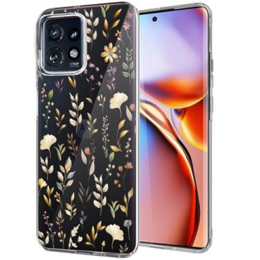 Imagem de Unov Capa compatível com Motorola Edge+ Plus 2023 Edge 40 Pro 5G transparente com flor floral dourada design feminino TPU macio absorção de choque fina padrão em relevo capa protetora traseira