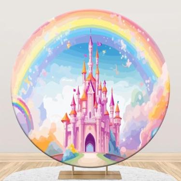 Imagem de Baocicco Capa de fundo redonda de castelo sonhador de 2,2 m círculo aquarela arco-íris desenho animado conto de fadas princesa príncipe festa de aniversário círculo fotografia fundo cerimônia de berço