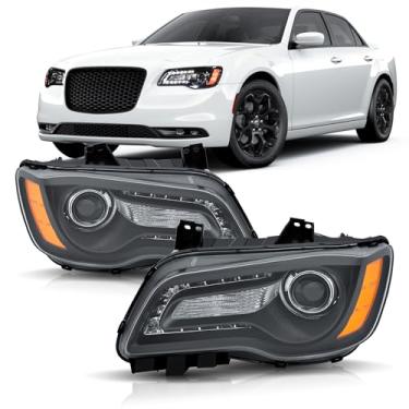 Imagem de corkiauto Conjunto de faróis compatível com Chrysler 300 300C 2011-2023 com LED DRL tipo halógeno motorista e lado do passageiro, caixa Blcak lado âmbar