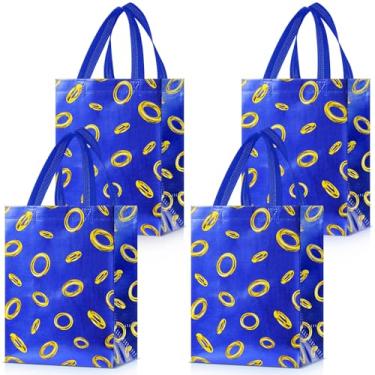 Imagem de Locmeo 24 peças de sacos de presente de anéis de ouro com alças 20 x 10 x 25 cm azul ouriço desenho animado sacos não tecidos lembrancinhas de festa de videogame para decorações de festa de jogadores