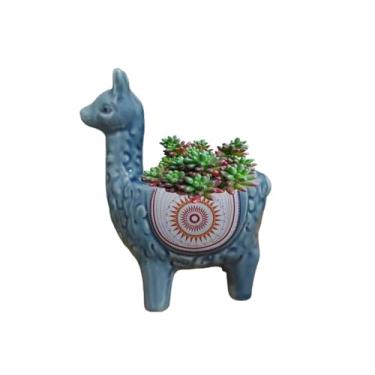 Imagem de Vaso de suculentas de cerâmica em forma de lhama com orifícios de drenagem, vaso de animais pintado à mão para cactos e suculentas internos, decoração de casa exclusiva e presente (azul escuro)