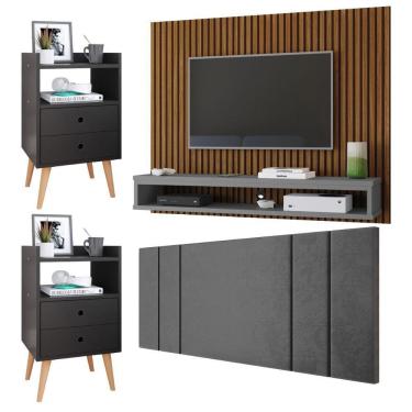 Imagem de Painel Suspenso TV Até 50 Polegadas Cissa Sala Cabeceira Estofada Cama Box Casal 1,40 Luana Kit 2 Mesinhas Retrô Gavetas Nicho Dream Quarto - RPM