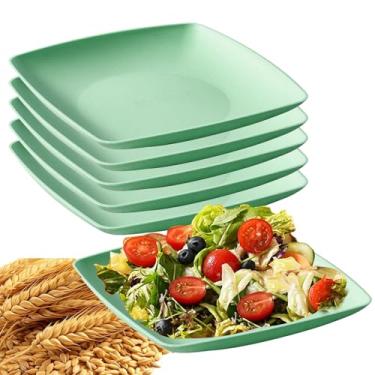 Imagem de Conjunto de 6 pratos quadrados de palha de trigo inquebrável para salada leve e reutilizável para casa e cozinha (verde, 23 cm)