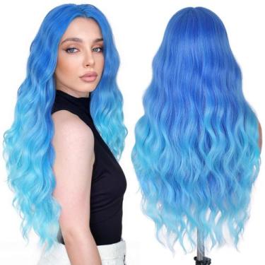 Imagem de Peruca FAVE Mermaid Ombre Blue Wavy 70cm Sintética Resistente ao Calor