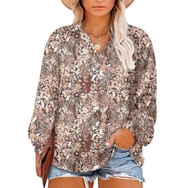 Imagem de Blusa feminina plus size Eytino Boho Floral com decote em V 2x cáqui
