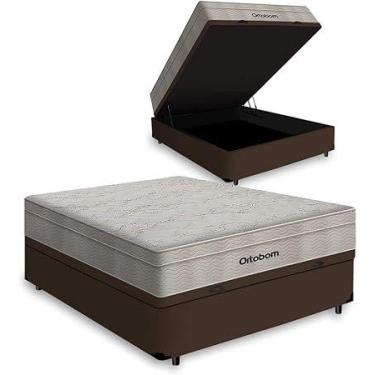Imagem de Cama Box Bau Casal Marrom Colchão Ortobom De Molas Ensacadas Airtech S