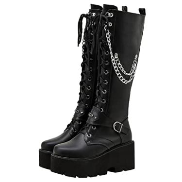 Imagem de Parisuit bota feminina cano alto plataforma gótica fivela salto alto grosso, cadarço, punk Combat Boots com corrente, Preto, 10