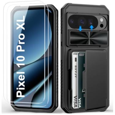 Imagem de BXYJY Capa para Google Pixel 10 Pro XL com protetor de tela (vidro temperado), suporte para cartão (4 a 5 cartões), capa deslizante para câmera, queda de grau militar, capa à prova de choque masculina