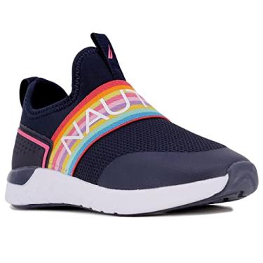Imagem de Nautica Tênis esportivo fashion infantil para meninas – estilo slip-on para crianças pequenas e grandes, Alois Saga-azul-marinho arco-íris elástico, 5 Big Kid