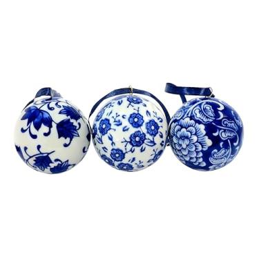 Imagem de NACX Bolas de cerâmica de porcelana azul e branca de 60 mm/2,4 polegadas, esfera de porcelana decorativa de Natal para mesa de jantar de festa de Natal, 3 peças