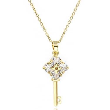 Imagem de FarF&ME Colar de chave para mulheres e meninas, banhado a ouro 18 K, prata, aço titânio, zircônia cúbica, corrente com pingente, presente de formatura, Banhado a ouro, Zircão