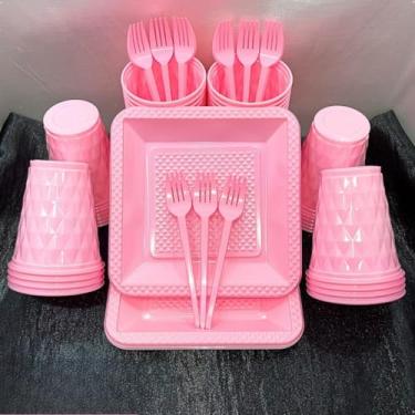 Imagem de Conjunto de luxo descartável para festas de aniversário com 260 peças Pratos quadrados de plástico colorido com efeito perolado Cores doces (Rosa Claro)