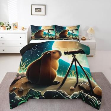 Imagem de Conjunto de edredom fofo de capivara, lua e céu estrelado, estampa de vida selvagem, castor de desenho animado para crianças, meninas, meninos, adorável colcha natural com tema safári, decoração de