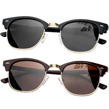 Imagem de KANASTAL Óculos de Sol Masculino Polarizado Feminino 2 Pares Proteção UV Preto Escuro Marrom Tartaruga Oculos Meia Armação Dourado Vintage Sunglasses para Praia Pesca Viagens -Preto Fosco + Marrom