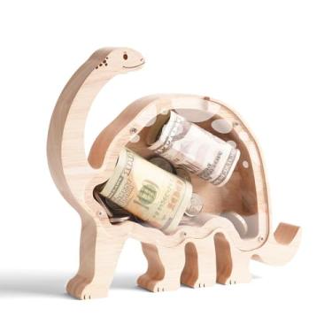 Imagem de Cofrinho de madeira braquiossauro para crianças, cofrinho de moeda, bonito cofrinho inquebrável, cofrinho infantil seguro com adesivos, presentes de batismo de aniversário para meninas e meninos