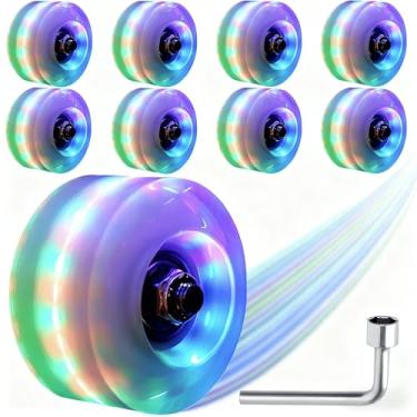 Imagem de Rodas de skate iluminadas com rolamentos instalados para ambientes externos ou internos, pacote com 8 unidades de 58 × 32 mm, acessórios para skate e quadriciclos (B-Multicolor - RBG)