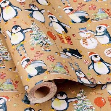 Imagem de Merture Rolo de papel de embrulho Kraft de Natal - 46,5 metros quadrados, papel de embrulho marrom com pinguim aquarela em lenço vermelho e árvore de Natal para o inverno