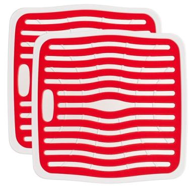 Imagem de Pacote com 2 tapetes protetores de pia de plástico 32 cm x 28,5 cm – Grade de pia de cozinha livre de BPA com pés elevados, enchimento de silicone vermelho antiderrapante, seguro para lava-louças