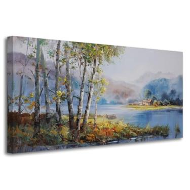 Imagem de Arjun Pintura de Parede de Paisagem, Tela de Pintura de Rio Em Tamanho Grande, Cenário de Árvore, Montanha, Índigo, Cinza, Texturizado, Moldura, Arte de Tamanho Grande para Sala de Estar, Quarto, Banh