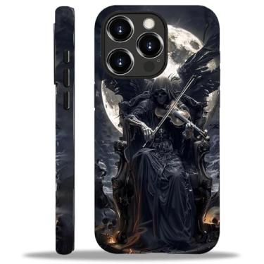 Imagem de WANKBLC Capa fosca compatível com iPhone 15 Pro Max para meninas e meninos, design de corpo inteiro, silicone macio, proteção contra arranhões, padrão maluco, preto, Grim Reaper, violino, asas e lua