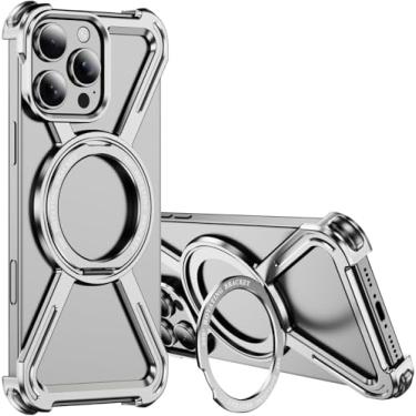Imagem de LEMAXELERS Capa minimalista para iPhone 15 Pro, compatível com MagSafe, suporte de rotação de 360°, alumínio, metal, sem moldura, design bumper capa para Apple iPhone 15 Pro. Prata HJ