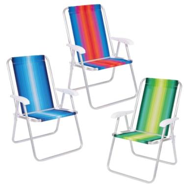 Imagem de Kit 3 Cadeira Alumínio Encosto Alto Listrada Camping Praia Piscina Cores Sortidas