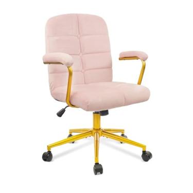 Imagem de CLATINA Cadeira de mesa de escritório de veludo com apoios de braços e rodas, cadeiras modernas estofadas com base dourada, cadeira giratória de tarefas domésticas com ajuste de altura para quarto