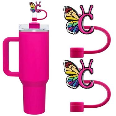 Imagem de Lindas capas de canudo com letra inicial para copos Stanley 20/30/1,134.0 g - tampas à prova de poeira de 10 mm/0,4 pol. - Protetor reutilizável para canudos de 9 a 10 mm, 2 peças