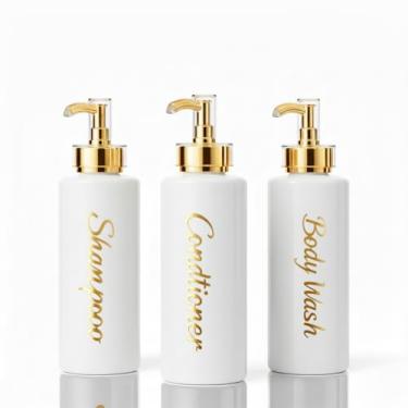 Imagem de uMadeUs Dispensador de xampu e condicionador – Garrafas essenciais de higiene – Shampoo recarregável para chuveiro e sabonete líquido, Branco todo dourado 2 redondo, Large, Moderna