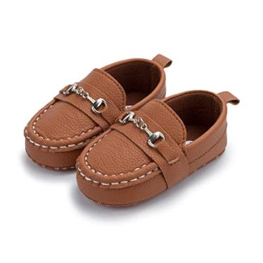 Imagem de Mocassins infantis de couro PU para bebês meninos e meninas primeiro andar berço, leve, sola plana antiderrapante, Marrom, 12-18 Months Toddler