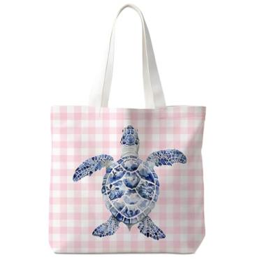 Imagem de Yomisex Sacola de lona de tartaruga marinha chinoiserie azul e branca, sacola feminina azul costeira tartaruga de praia para mulheres, rosa quadriculado oceano oceano animal reutilizável compras