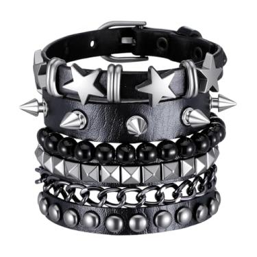 Imagem de Tucnoeu Conjunto de 4 pulseiras punk rock cravejadas, pulseira cravejada dos anos 80, acessórios de joias góticas para homens e mulheres