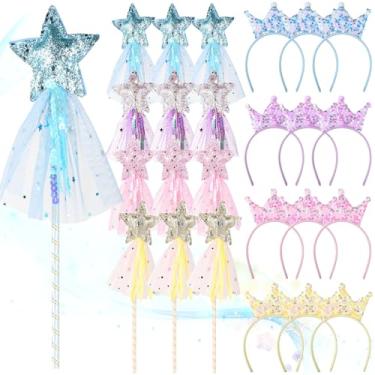 Imagem de Conjunto de 24 varinhas de princesa e tiaras, varinhas de fadas brilhantes com coroas de lantejoulas, lembrancinhas coloridas de festa para aniversários, Natal, cosplay