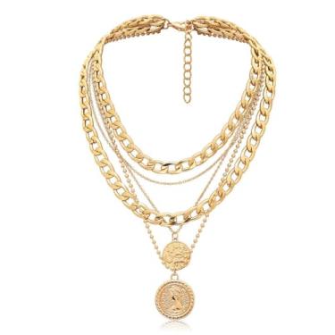 Imagem de CaySep Colar feminino moderno retrô com pingente de moeda e pingente de gargantilha de corrente grossa e delicada, Zinco, Metal
