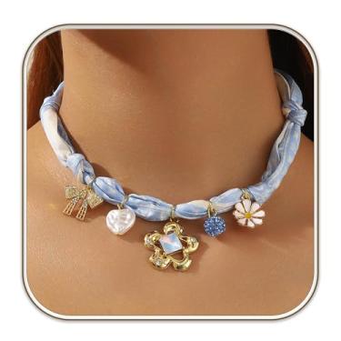 Imagem de immerFancy Colar de cachecol bandana com pingente para mulheres, boêmio, banhado a ouro, delicado, berloque, gargantilha de praia, vintage, surfista, bijuteria de Halloween, presente, Dourado, 26.4