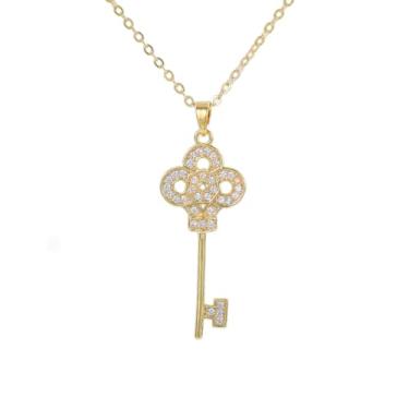 Imagem de Colar com pingente de chave ML com detalhes de cristal, design floral decorativo, joias modernas para mulheres, banhado a ouro 14K