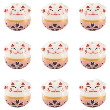 Imagem de 9 peças espaçador de contas de porcelana de gato da sorte impresso à mão fofo gatinho animal contas de cerâmica para brincos faça você mesmo, colar, pulseira, chaveiro, joias, artesanato, suprimentos