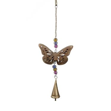 Imagem de Trrystals Pendurar em madeira e borboleta de ferro feito à mão – decoração de parede e jardim com contas e sino, enfeite de casa boho (madeira feita à mão e borboleta de ferro para pendurar - 40,6 cm