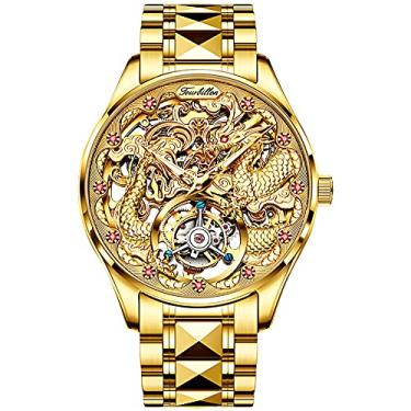 Imagem de OUPINKE Relógio masculino automático esqueleto, luxuoso, dourado, original, mecânico, cristal de safira, pulseira de aço de tungstênio, relógio de pulso masculino, G3270: Pulseira de dois tons e