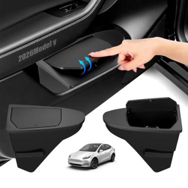Imagem de LEECICILE Lixeira de porta de carro com 2 peças para Tesla Model Y Juniper 2025-2026, caixote do lixo oculto para porta frontal com tampa de pressão para organizador de carro, plástico ABS premium